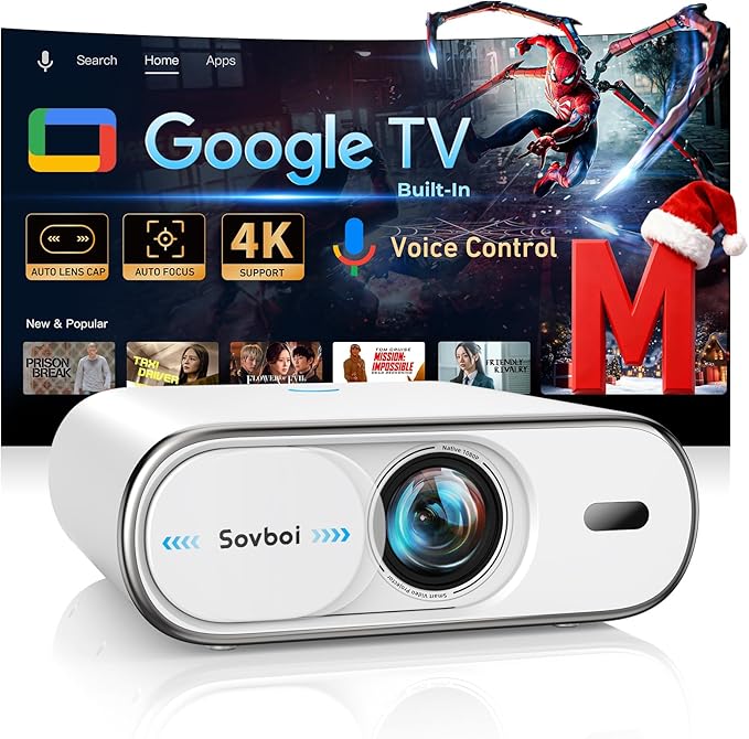 Projector-4K Built-in Google TV|2000 ANSI|Auto Lens Cap&4D Keystone|Auto Focus|Voice Control Smart Portable Projector with WiFi6 and Bluetooth, Sovboi Outdoor Projector for Steaming APPs Home Theater