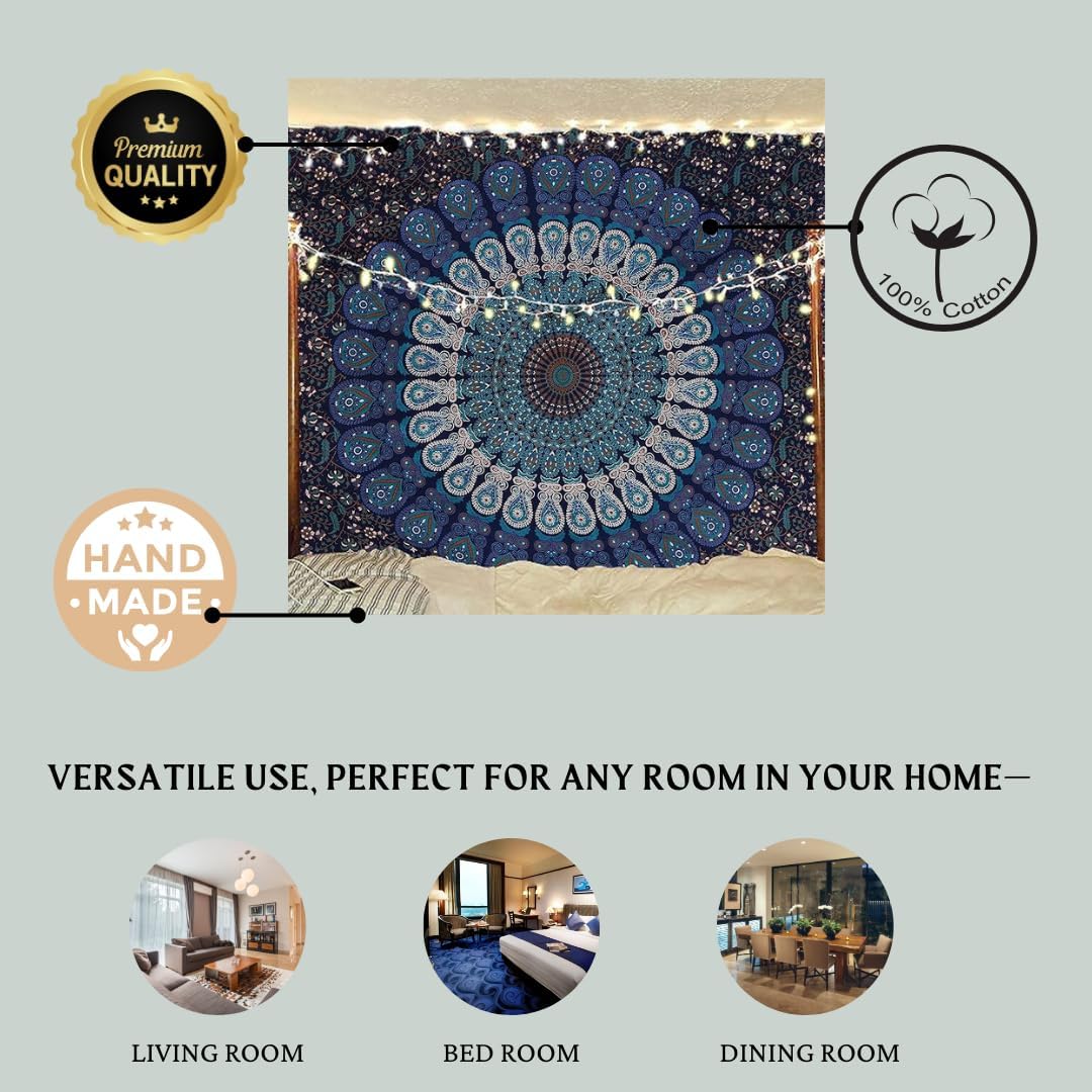 Bless International Handmade Indian hippie Bohemian Psychedelic Peacock Mandala Wall hanging College Dorm Beach Throws Table Cloth Bedding Tapestry (Golden Red, King(88x104Inches)(225x265Cms))