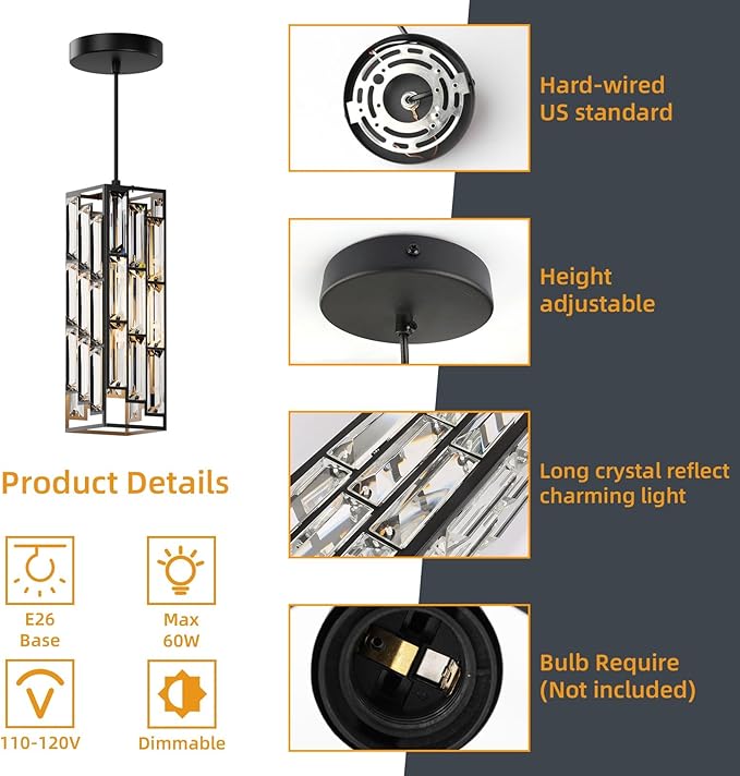 Black Pendant Lights Modern Pendant Light Fixture, Mini Crystal Pendant Ceiling Light, Pendant Light for Kitchen Island, Dinning Room, Bedroom, Kitchen Sink Lighting (3-Pack)