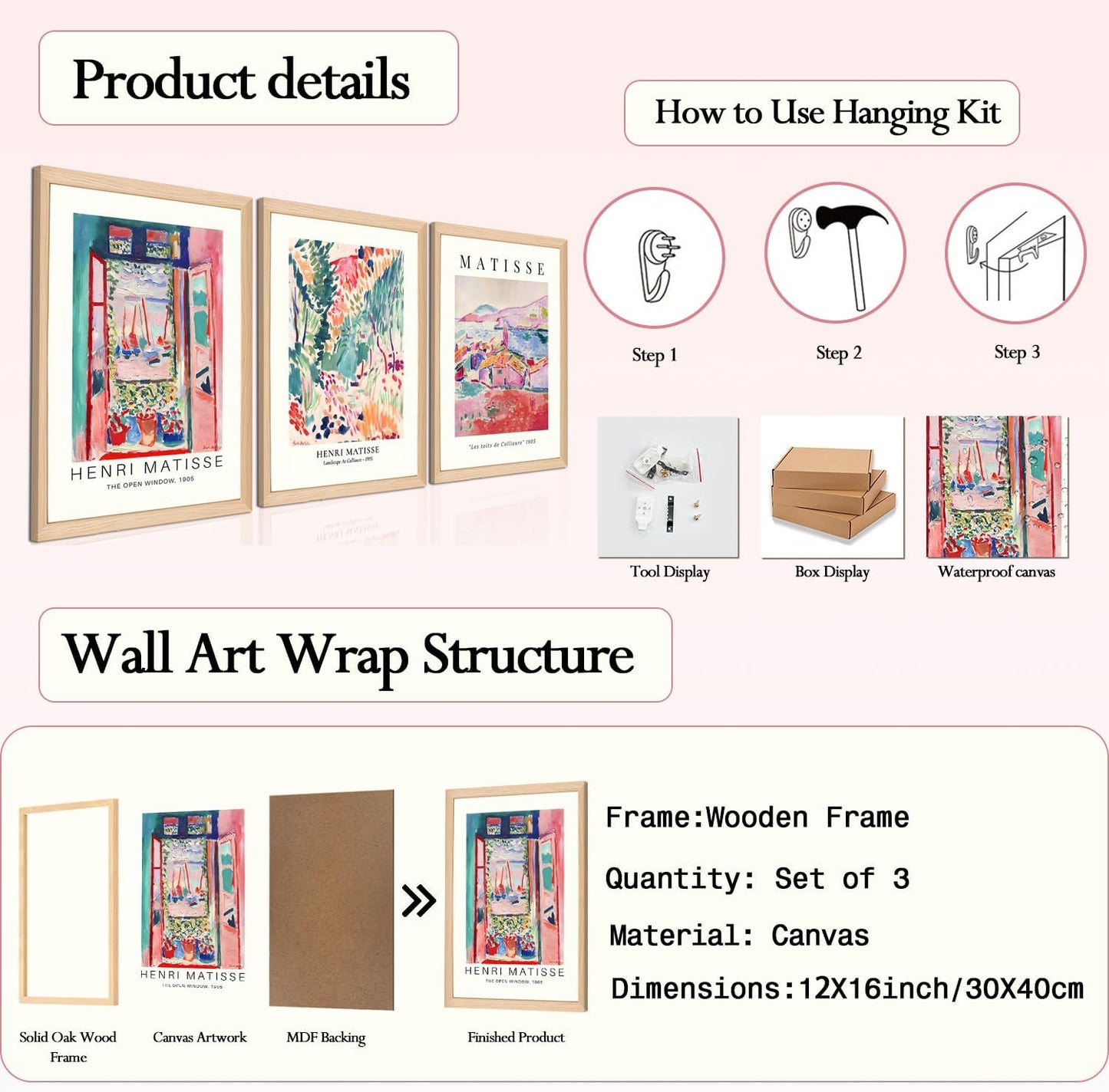 Wooden Framed Matisse Wall Art Set of 3 Abstract Henri Matisse Posters Vintage Flower Market Canvas Prints Open Window Painting Artwork Picture Aesthetic Room Decor for Bedroom Living Room 12x16in