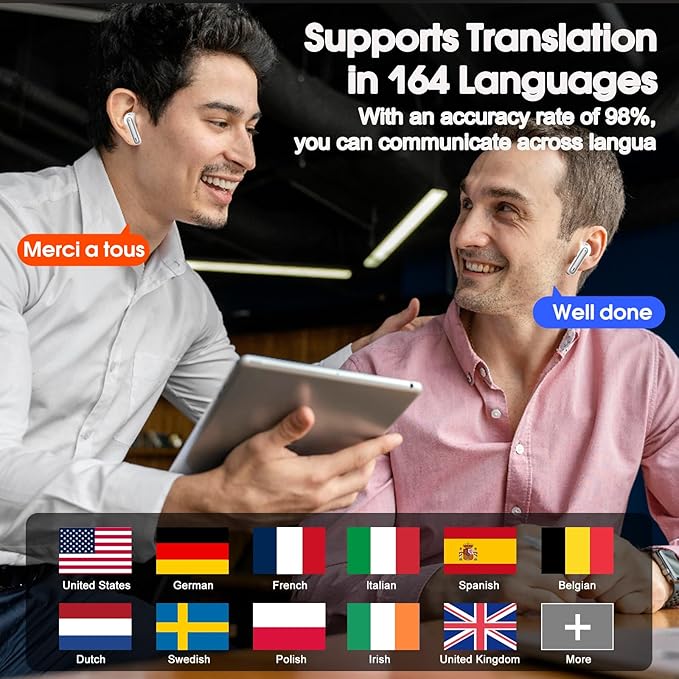 Ai Translation Earbuds Real Time, Simultaneous Interpretation Translator Earbuds with 6 Translation Modes/164 Languages, No Subscription Translatior Headphones, Ivory White