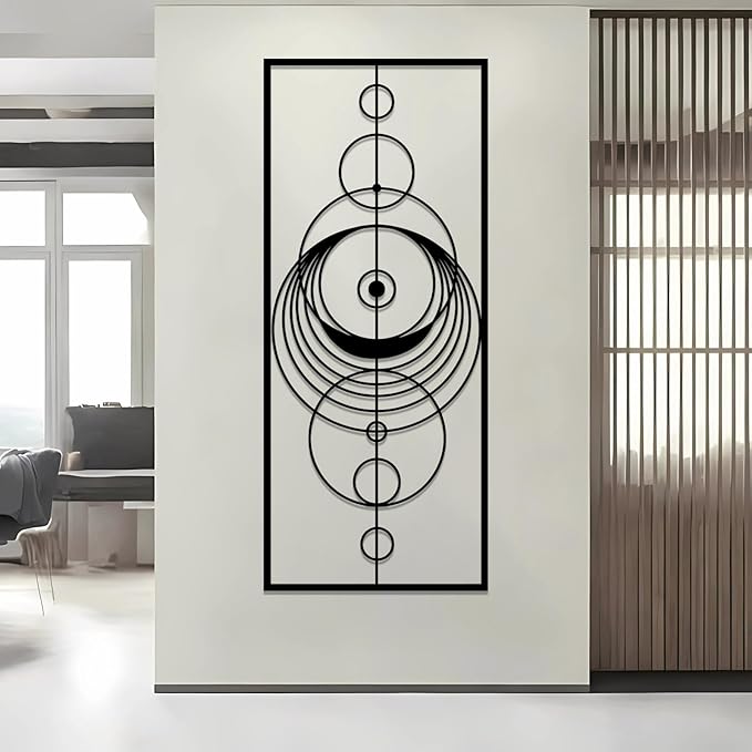Hfrolixit Abstract Geometric Metal Wall Art, Circle Metal Wall Decor, Round Wall Decor, Mid Century Modern Wall Art, Large Boho Geometric Wall Hanging, Luxury Wall Hanging (Silver, 59"x25"/150x63cm)