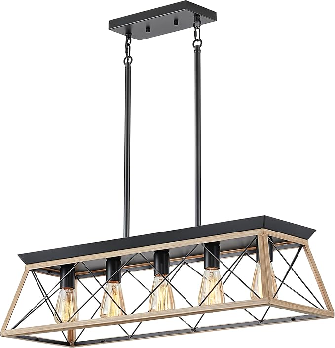 HuixuTe 5-Light Farmhouse Dining Room Chandelier Over Table, Rustic Kitchen Island Lighting, Adjustable Height Pendant Light for Kitchen, Dining Room Table Rustic Wood
