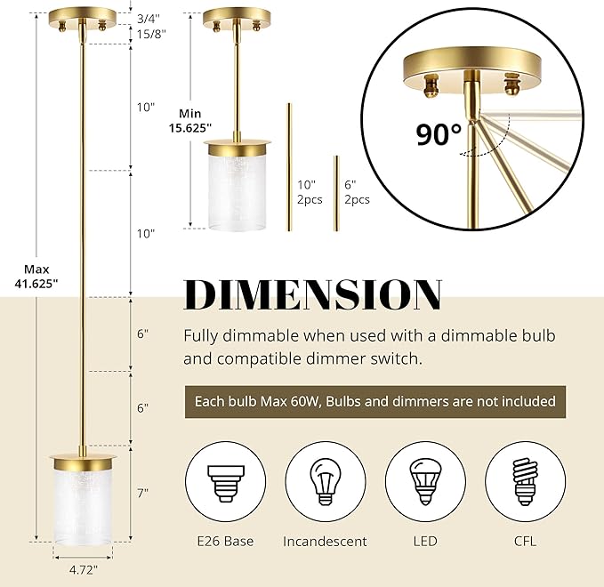 Modern Pendant Light Glass Shade, for Kitchen,Dining Room,Bedroom, Bar,Office,Farmhouse Brushed Gold,1Pack-4.72 Inch Shade 40 Inch Cord(Glass is Treated with Cloth Patterns)