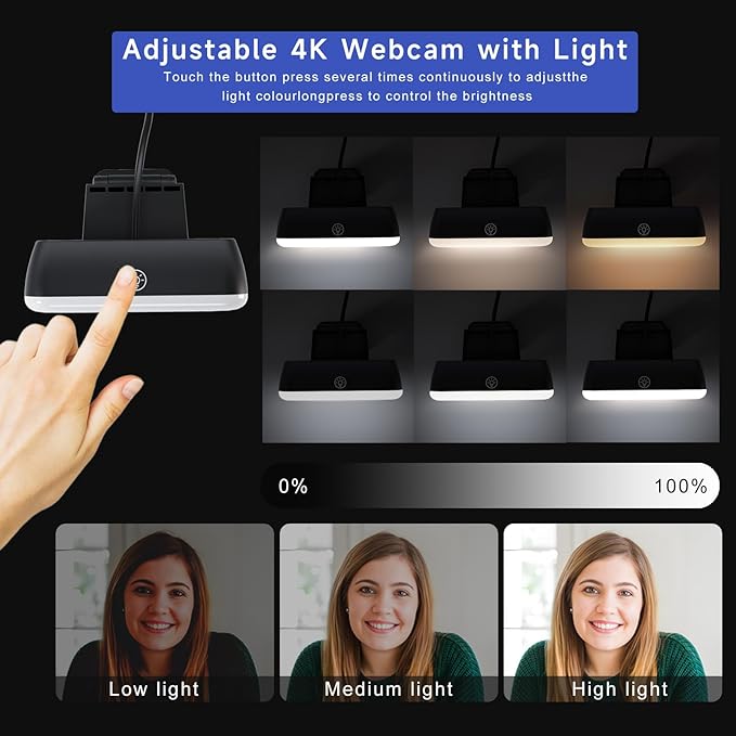 Webcam with Light, 1080p Webcam for PC with Microphone, USB Computer Camera for Desktop, Web cam with Tripod, Plug and Play, Adjustable Lighting