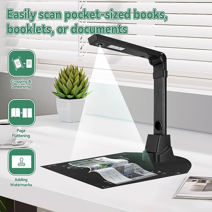Document Scanner, 12MP Book Document Camera for Teachers Multi-Language OCR Recognition Foldable & Portable Pocket Book/Multi-Page Scanning, Capture Size A3/A4, Only Windows
