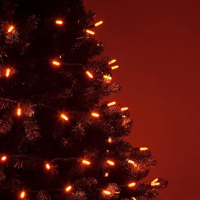 M5 LED Mini Ice Amber Prelamped Light Set, Green Wire - 70 M5 Amber LED Christmas Lights, 4" Spacing
