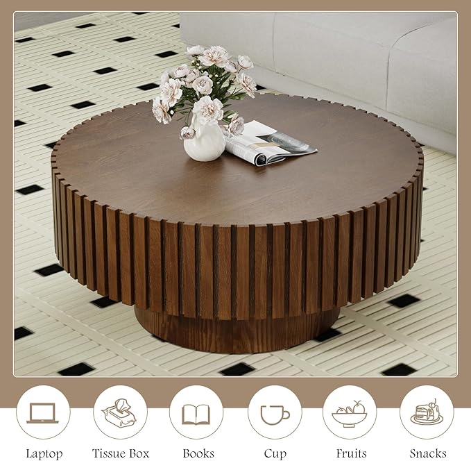 Fluted Coffee Tables 31.5" Round Wood Coffee Table Modern Handcraft Drum Coffee Table with Sturdy Pedestal Unique Coffee Tables for Living Room Home Office (Round Brown)