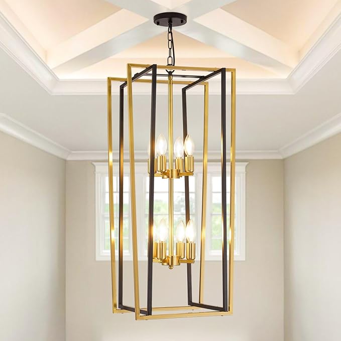 Black and Gold Chandelier, 8-Light Tiered Lantern Pendant Light Fixtures, Industrial Foyer Lighting Fixtures, Large Long Chandeliers for High Ceilings, Farmhouse Chandelier for Staircase, Entryway