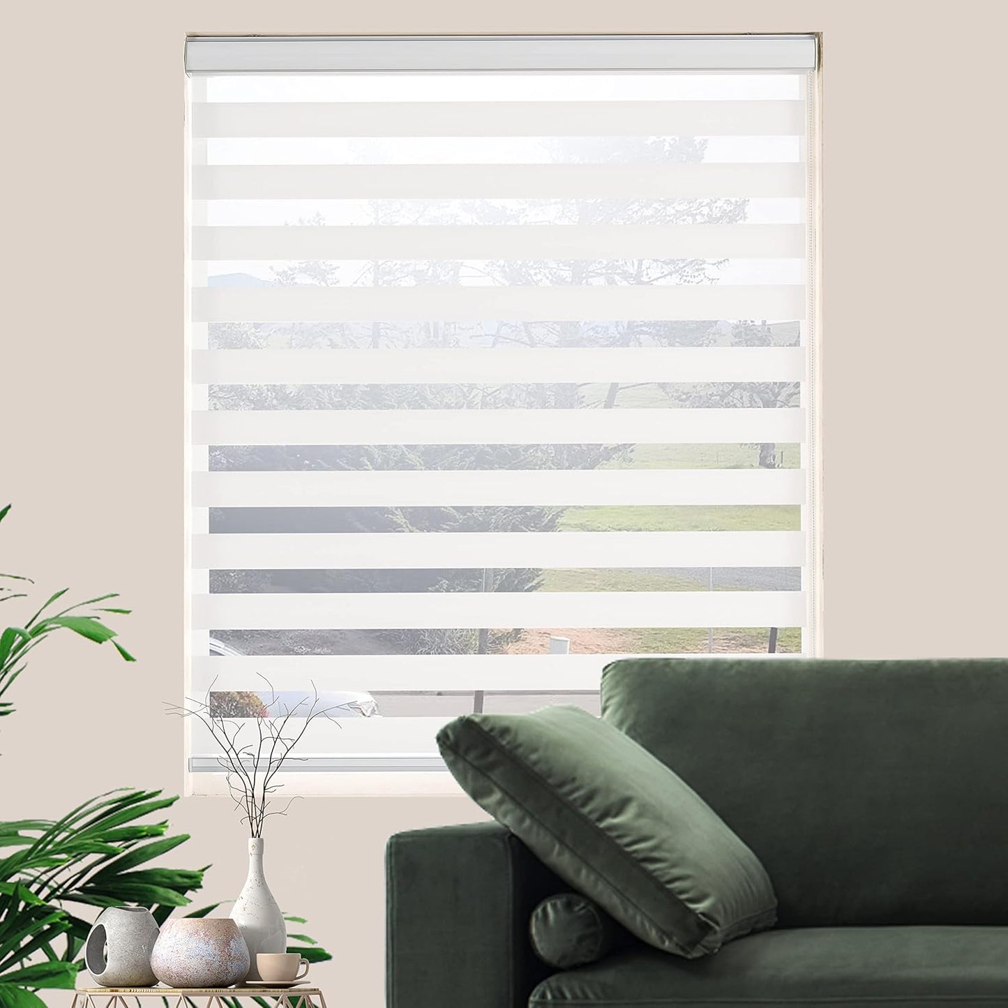 Zebra Blinds for Windows Dual Layer Light Filtering Privacy Free-Stop Sheer Shades Light Control for Indoor Windows Zebra Shades for Living Room(64" W X 72" H, White)