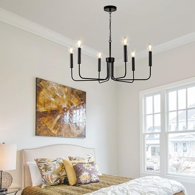 Farmhouse Candle Chandelier, 6 Light Rustic Black Ceiling Pendant Light Fixture, L-Arm Design Industrial Dining Room Hanging Lighting for Living Room, Entryway, Foyer, Kitchen Island