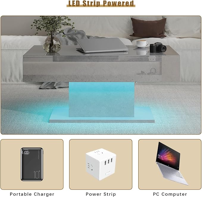 Grey Led Coffee Table with 2 Storage Drawers for Living Room, Living Room Table Rectangular Center Table, Modern High Glossy Wooden Coffee Tables with Lights for Dining Reception Room