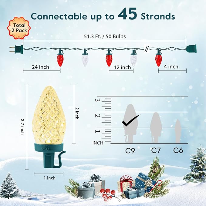 2PACK C9 LED Christmas Lights with 100 Spring Clips, Total 100ft 100 LED Waterproof Strawberry String Lights, Commercial Grade Extendable Perfect for Roofline Patio House Xmas Decor, Red & Warm White