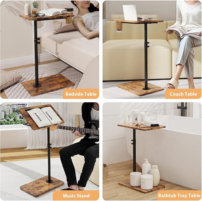 TV Tray Table, Adjustable C Shaped End Table for Couch, 360°Swivel Couch Side Tables That Slide Under Couch Desk Tray Tables for Small Space Sofa Bed Living Room Bedroom Bedroom(Rustic)