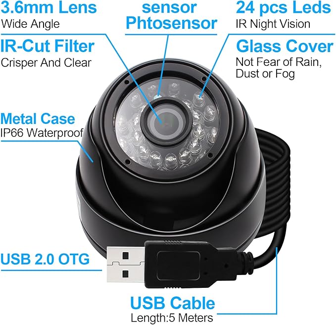 MMlove 2MP USB Dome Camera 1080P 30FPS Night Vision Security Camera Waterproof 3.6mm Wide Angle with IR Cut & IR LED USB Surveillance Security Camera Plug&Play Outdoor Indoor Metal Housing PC Webcam
