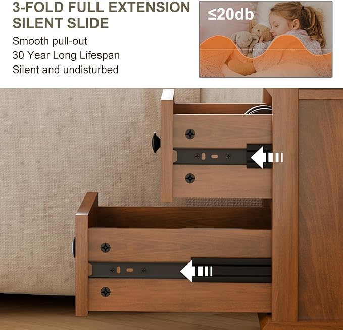 End Table Set of 2, Fast USB C Charging Station, 18" Wide Tall Sofa Side Table with 2 Drawers, Large Storage Rustic Wood Square Storage Cabinet for Living Room,Bedroom,Office