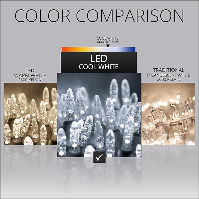 24 ft 70 Count M5 LED Cool White Christmas Lights, Green Wire Indoor/Outdoor Commercial Grade Mini String, Holiday Lighting