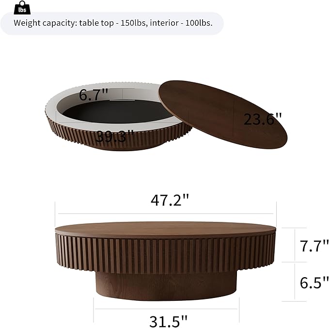 47" Oval Coffee Table with Hidden Storage Compartment, Modern Handcraft Fluted Drum Coffee Table, Wooden Oval Center Table Cocktail Tea Table with Sturdy Pedestal for Living Room, Walnut