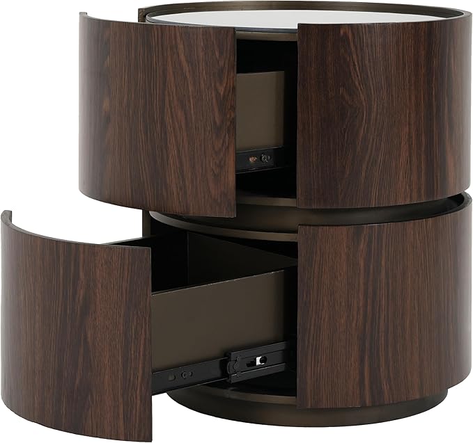 WILLIAMSPACE 15.75" Round Small Coffee Table with Double Storage Drawers & Tempered Glass Top, Modern Accent Side Table Retro Style End Sofa Table for Living Room Apartment, Black+Brown