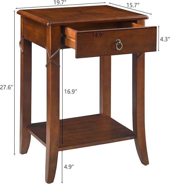 2-Set Solid Wood End Table with Drawer, Beside Table, Nightstand, Mid-Century Modern Funiture with Storage Shelf, 19.7" x 15.7" x 27.6" High Living Room Side Table with Wood Frame, Cherry GBJDR200