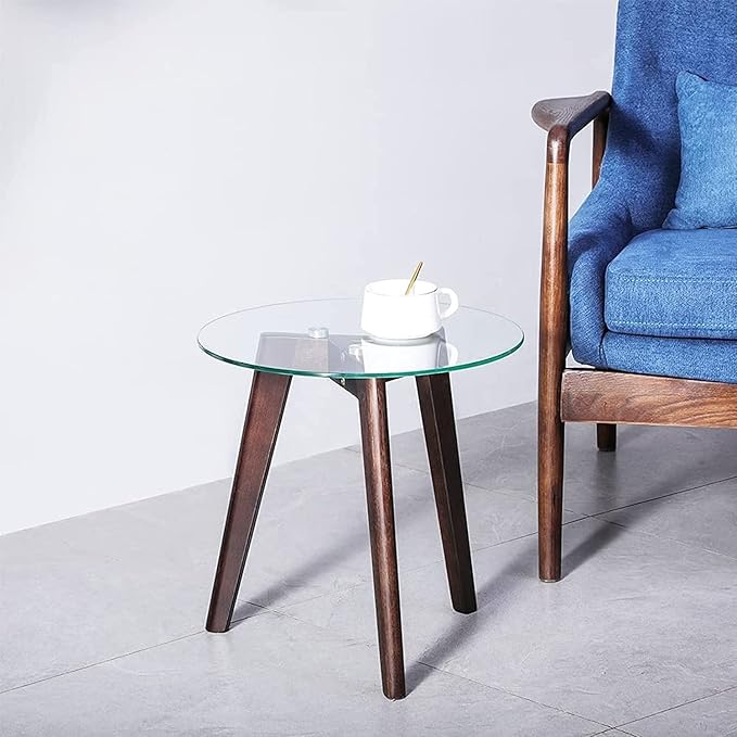 Triskele End Table, Walnut Minimalist Round Coffee Table, Mid Century Side Table with Tempered Glass Top Walnut Wood Legs (Medium)