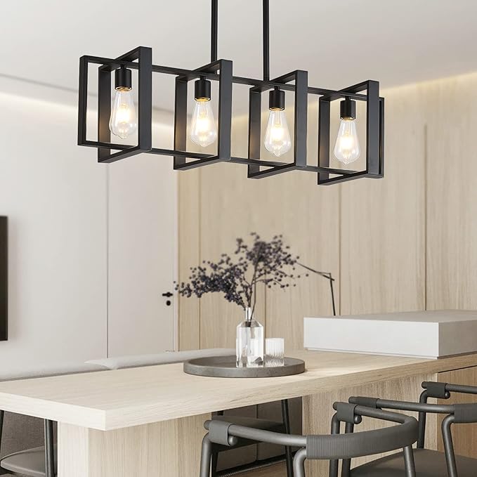 Farmhouse Rectangle Chandeliers for Dining Rooms, 31.5 INCH Modern Linear Hanging Light Fixture Matte Black 4-Light Industrial Pendant Lighting for Kitchen Island