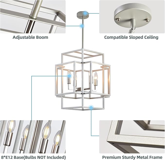 WJShome 4-Light Brushed Nickel Chandelier, Modern Foyer Lighting Fixtures, 16.5" Silver Farmhouse Chandeliers, Hanging Lantern Pendant Lights Kitchen Island, for Living Room, Entryway, Staircase