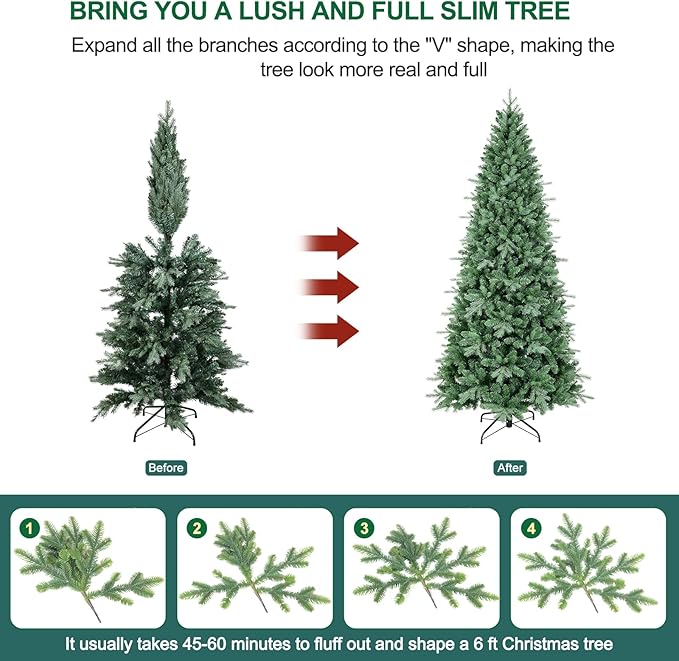 6 FT Artificial Skinny Christmas Tree,Unlit Blue Spruce Slim Pencil Xmas Tree with 1205 PE&PVC Mixed Branch Tips,Hinged Pine Tree with Metal Stand for Home Office Décor