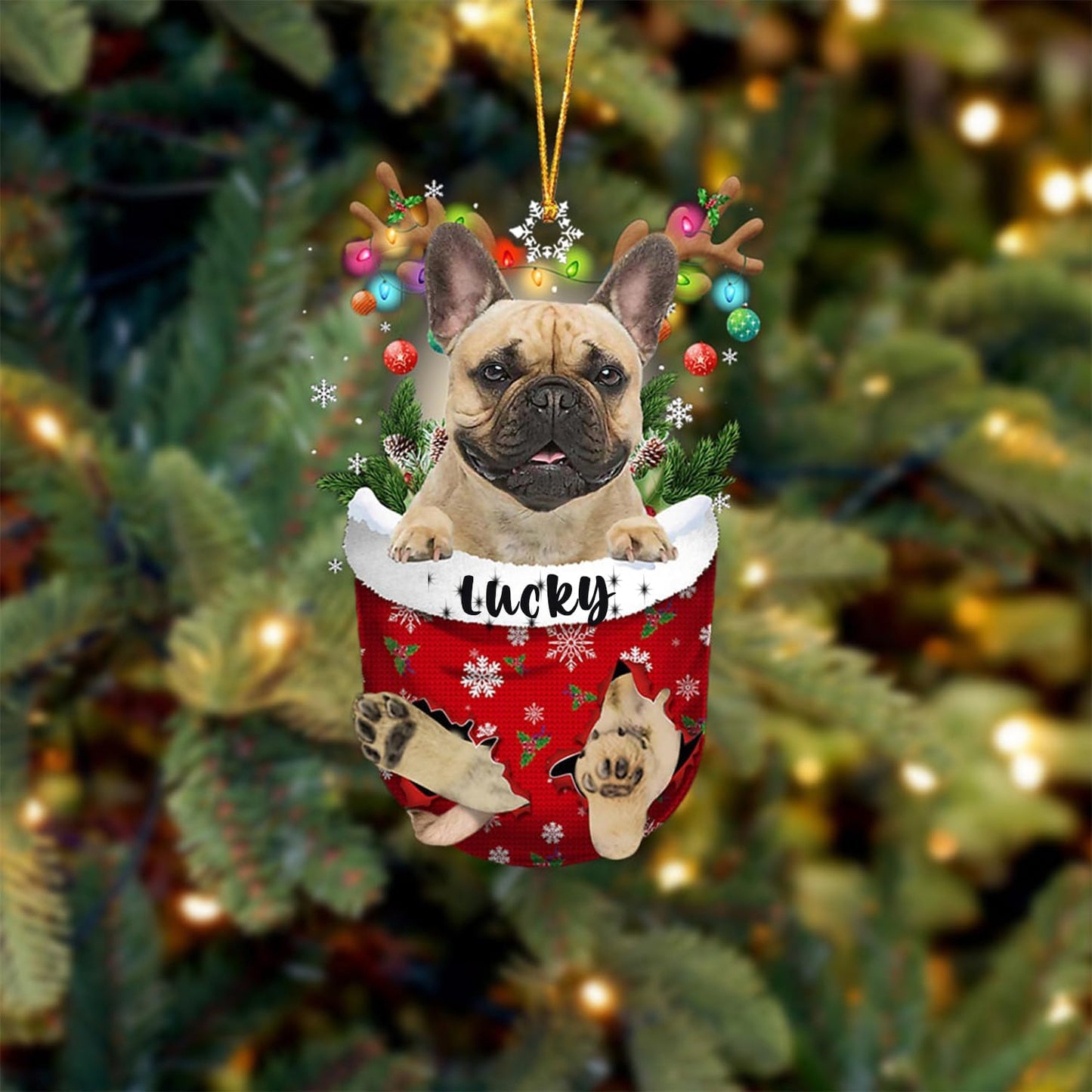 Fawn French Bulldog Dog Christmas Ornament, Fawn French Bulldog in Snow Pocket Christmas Tree Ornament, Dog Lovers Gift Idea Xmas Decor, Decorations for Tree, Christmas Ornament Gift for Dog Lovers
