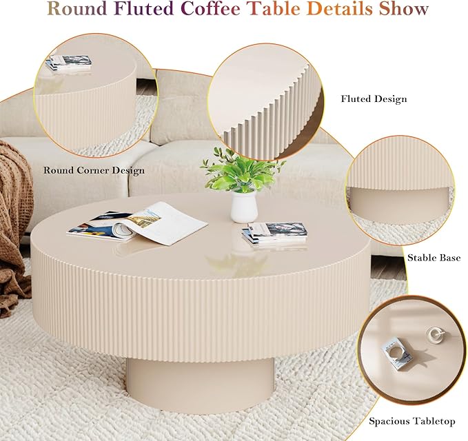 Round Drum Coffee Table, Modern Luxury Spacious Fluted Center Table for Small Space - Home Office Apartment (Lvory White)