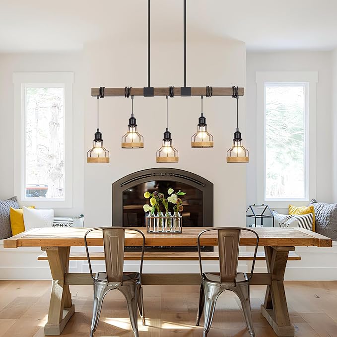 5-Light Dining Room Light Fixture, Rustic Solid Wood Over Table Chandelier, Black Metal Lampshade, Linear Island Light Fixture, 38 Inches x 5.5 Inches x 63 Inches