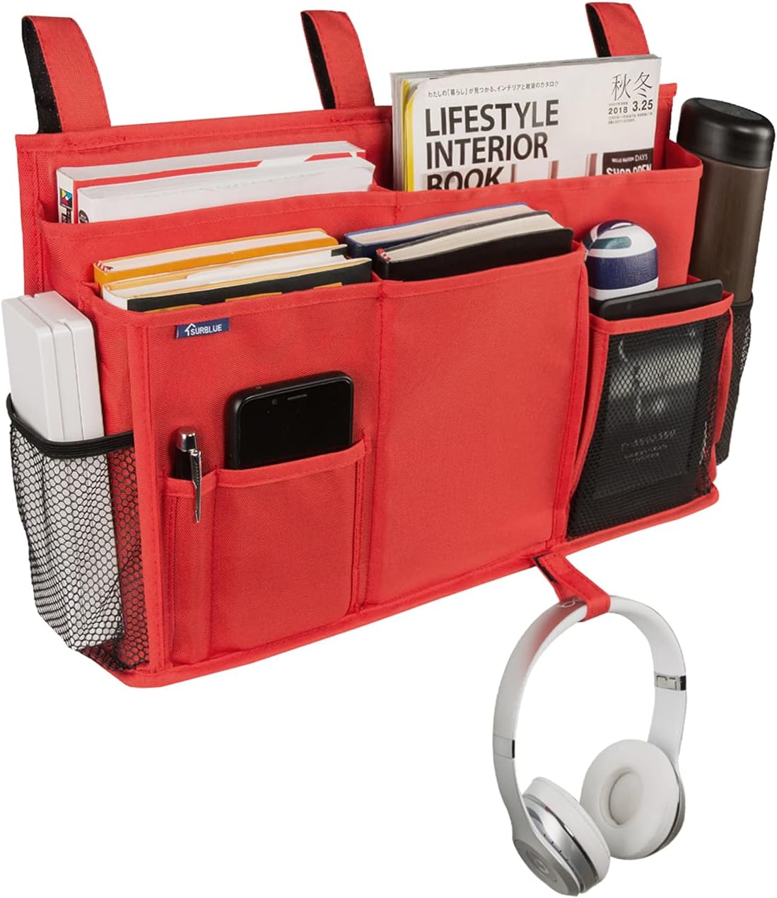 Surblue Caddy Hanging Organizer Bedside Storage Bag for Bunk and Hospital Beds, Red, L