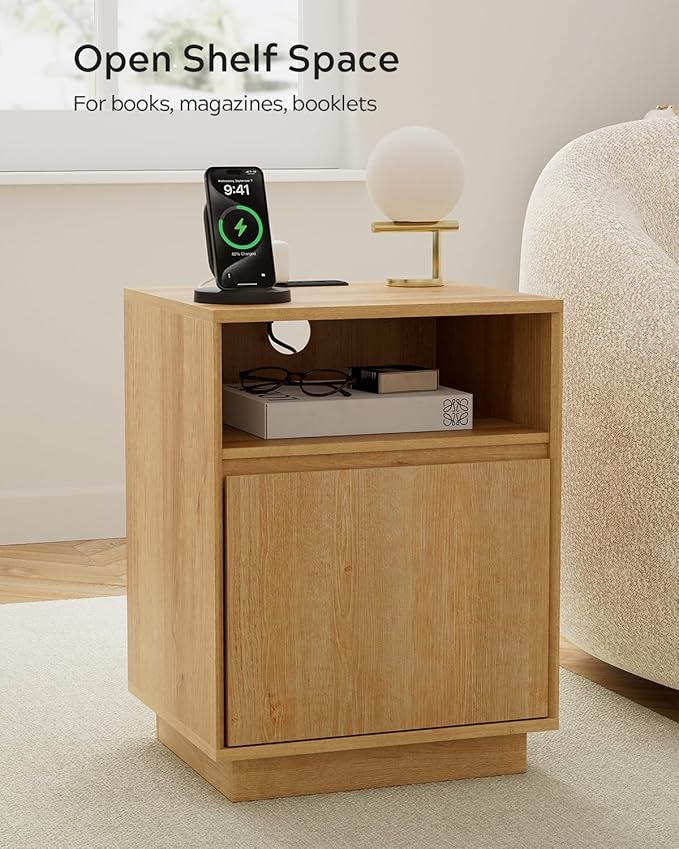 Farmhouse Nightstand with Door, Wood Storage End Table with Charging Station & Open Shelf, Bedside End Tables for Bedroom, Sofa, Natural Oak