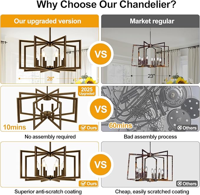 28" Modern Oil-Rubbed Bronze No Assembly Required Chandelier for Dining Room, Bronze Dining Room Light Fixture Over Table, Industrial Metal Hanging Pendant Light for Kitchen Island, Entryway, Foyer