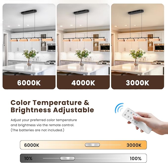 50.2" Linear Island Lights for Kitchen, 38W Wood Chandeliers for Dining Room, LED Rustic Dimmable Lighting Fixture for Farmhouse, 4-Light Pendant Lights for Kitchen Island Over Table