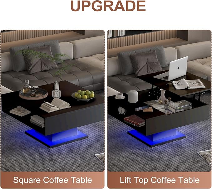 Square Lift Top Coffee Table with Storage, Black Led Coffee Table for Living Room with Large Hidden Storage, 30.7" Wood Table Led Center Table for Dining Reception Room