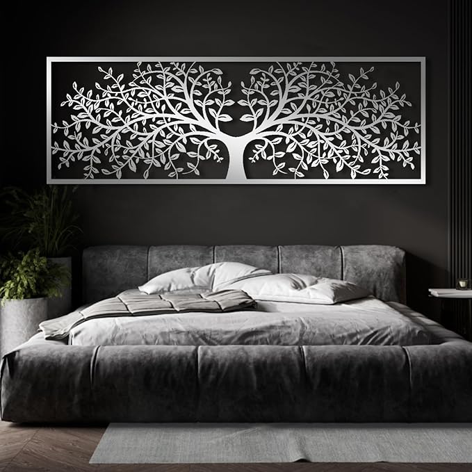 Tree of Life Metal Wall Decor, Tree of Life Metal Wall Art, Large Metal Tree Wall Decor, Metal Tree Wall Art, Metal Tree Decoration, Tree Silhouette, Living Room Bedroom Decor (Black, 88"x 29"| 224x76cm(2 Pieces))