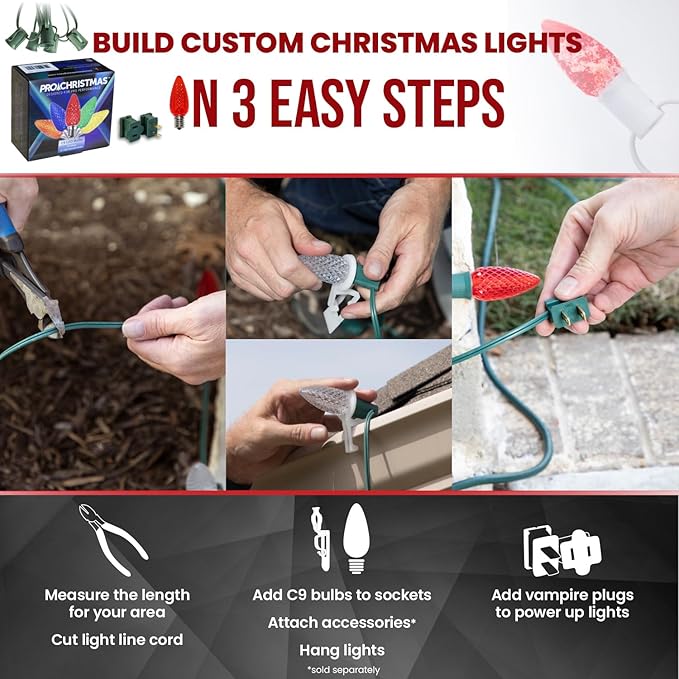 Pro Christmas C9 LED Christmas Light Kit for Rooflines & Pathways – DIY Cut to Length, Outdoor Commercial Grade (Green Wire w/Vampire Plugs, 50 Bulbs, 50 ft) Cool White and Red