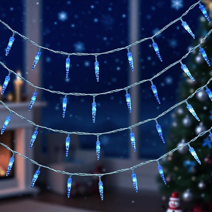Christmas Icicle Light，19.6ft 40 LED Blue Icicle String Lights Indoor, Hanging Icicle Christmas Lights for Eave Holiday Garden Indoor Outdoor Xmas Decorations