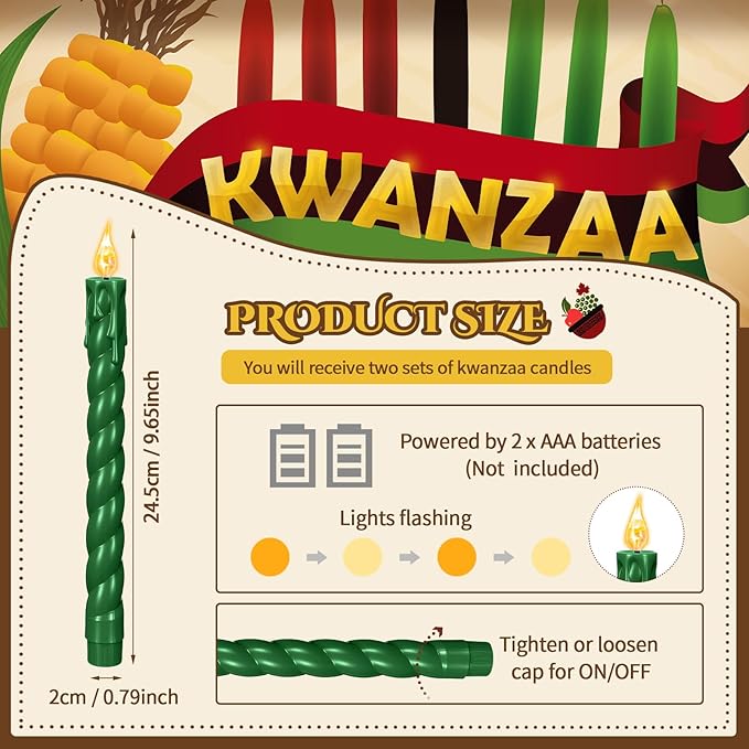 Riakrum 7 Pieces Kwanzaa Candles Set Kwanzaa Flameless Taper Candles Battery Operated for Church Celebration Decoration (9.65 Inches,Thread Style)
