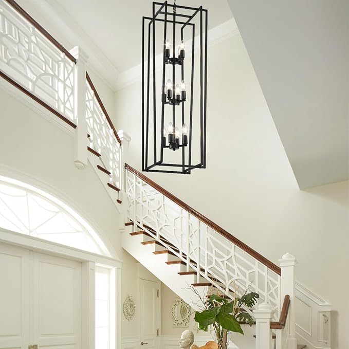 12-Light Tiered Lantern Pendant Light Fixtures,Large Foyer Chandeliers for High Ceilings,Industrial Foyer Lighting Fixtures,Long Chandeliers for High Ceilings,Farmhouse Chandelier for Entryway, Black