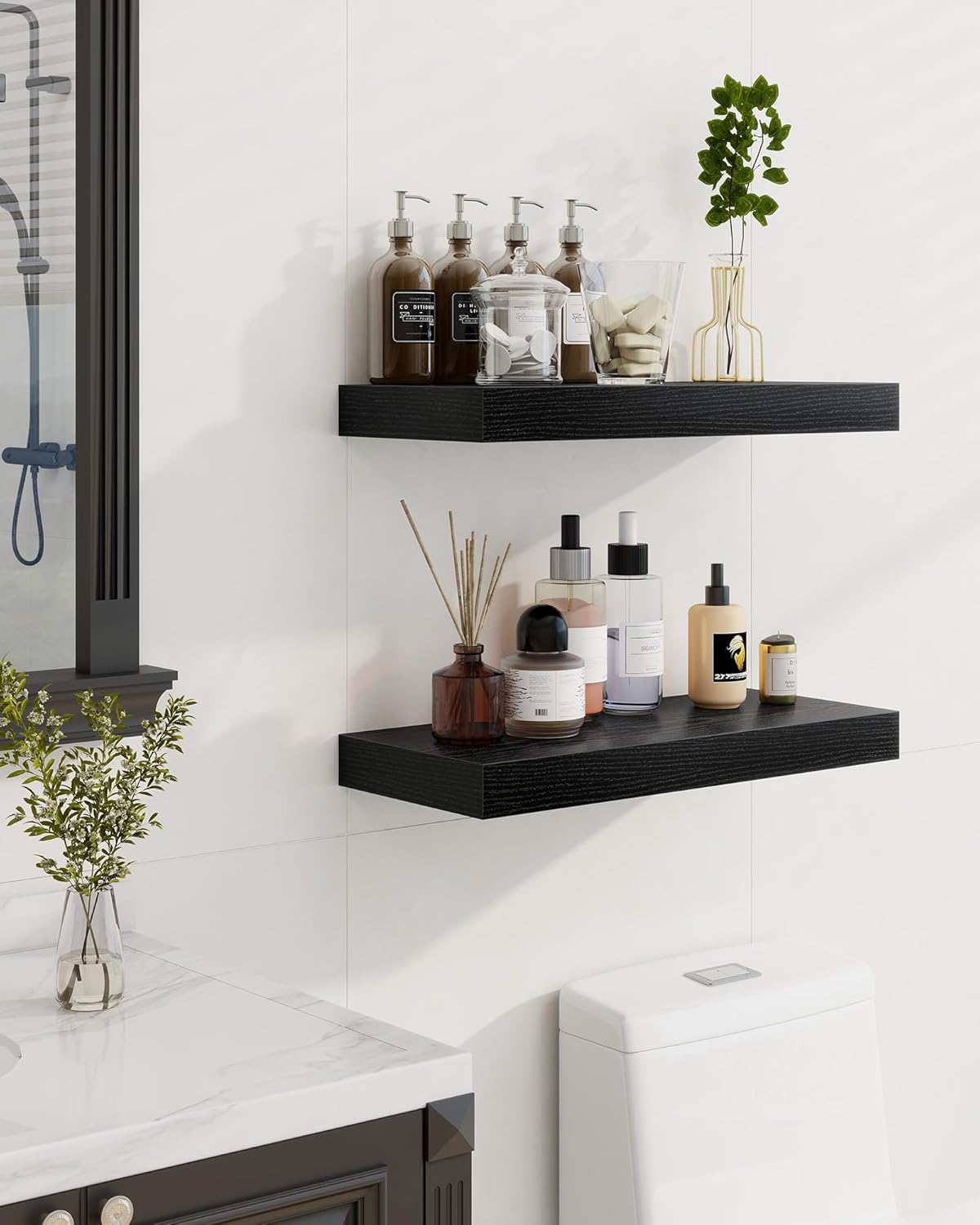 Marsmiles 55" Floating Shelves for Wall, Wooden Shelves with Invisible Brackets Set of 2, Rustic Farmhouse Wall Mounted Shelf for Kitchen Bathroom Living Room Study, Black