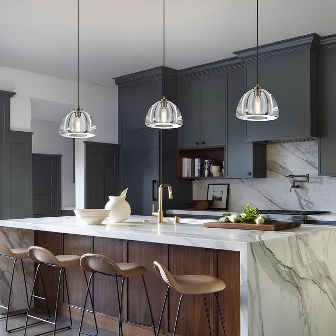 Crystal Pendant Light Kitchen Island: Set of 2 Vintage Brass Hanging Lights above Dining Table - 7" K9 Crystals Lighting over Kitchen Sink - Luxury Cylinder Pendants Light Fixtures Bulbs Included