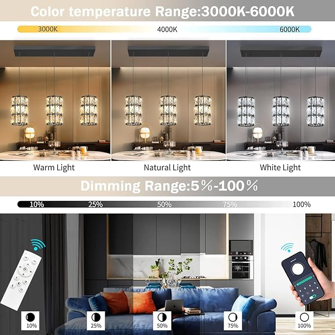3-Lights Rectangle Modern Crystal Pendant Lights for Kitchen Island LED Dimmable Glam Pendant Lighting Chandelier for Dining Room Hallway Corner Lamp Black