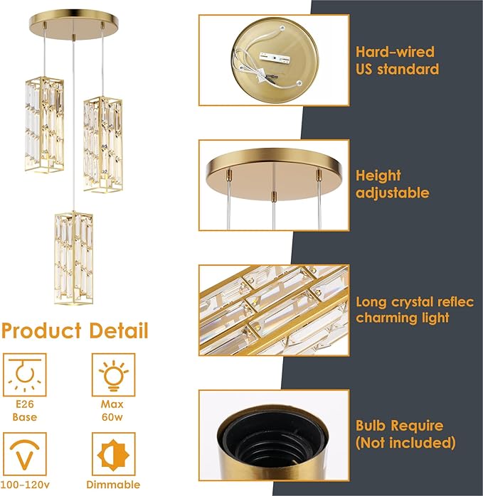 3-Light Brass Pendant Lights Modern Pendant Light Fixture, Mini Crystal Pendant Ceiling Light, Pendant Light for Kitchen Island, Dinning Room, Bedroom, Kitchen Sink Lighting (3 Lights)