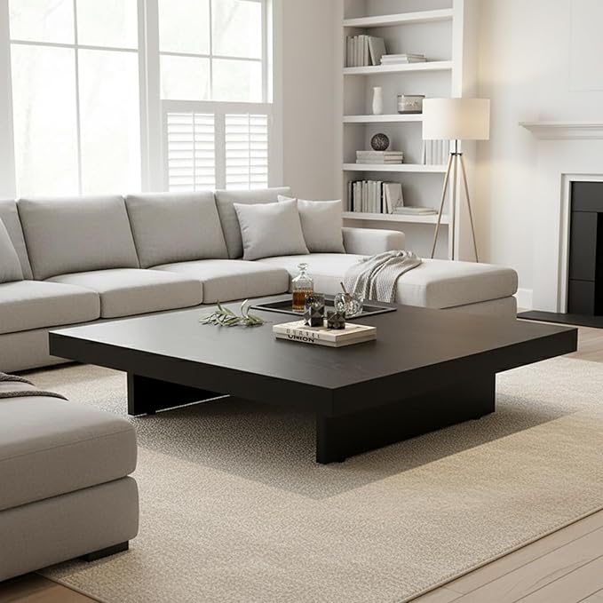 Modern Square Coffee Table for Living Room, Low Profile Wood Center Table with 2" Thick Tabletop & Optional Storage Tray, Sturdy Minimalist Design (31.5"/39.4" Black/Walnut)