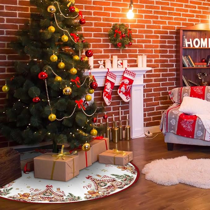 Christmas Tree Skirt 36Inches Christmas Gingerbread Sweet Candy Lollipop Xmas Tree Skirt Mat for New Year Holiday Christmas Party Red Gold Decorations (Red, 36in)