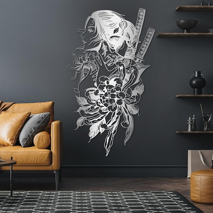 SZI Japanese Geisha Metal Wall Art, Asian Woman Design, Traditional Japanese & Asian Wall Decor for Living Room, Bedroom, or Cultural Home Decor (Silver, 35"x21"|90x53cm)
