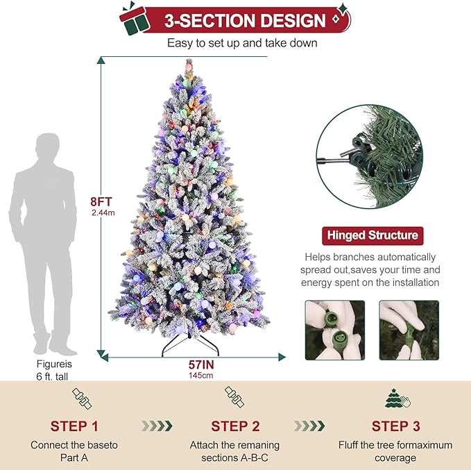 Christmas Decorations Tree, 8FT Prelit Flocked Christmas Tree with Warm White & Multi-Color Lights,Premium Artificial Flocked Trees Full Branch Tips,First Choice Decorations for Xmas