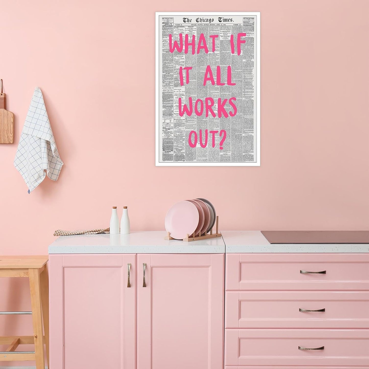 Liyark Retro Trendy Newspaper Canvas Wall Art - 'What If All Works Out' Positive Affirmation Quote - Pink Font - Minimalist Home Decor - 16x24in Unframed